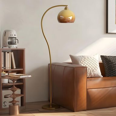 Lámparas de pie doradas para sala de estar, lámpara de pie de arco con pantalla de vidrio naranja, interruptor de pie, lámpara de noche de ambiente de 3 temperaturas de color, lámpara de pie