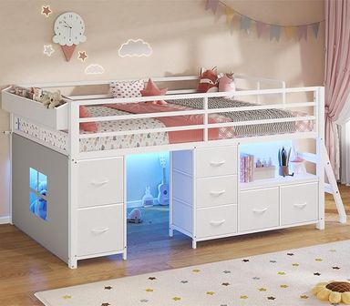 Amazon.com: ADORNEVE Low Loft Bed Twin Size with 7 Storage Drawers, Bookcase and LED Lights, Metal Kids Loft Bed with 14" H Safety Guardrail,Inclined Ladder and Play Curtain, Under-Bed Play Space, White : Home & Kitchen