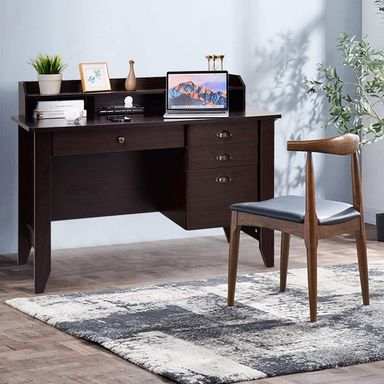 Giantex Topment Wood Computer Desk with 2 Tier Shelves, Study and Writing Table with Three Side Drawers, Laptop Table with a Smooth Slide-Out Long Drawer, Work Station for Home &Office Black and Brown