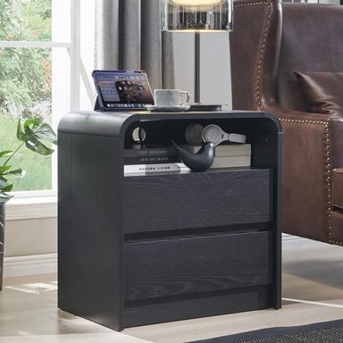 25" Tall Modern Nightstand with Charging Station, 23.6'' Wide Wood Bedside Table w/2 Storage Drawers, Large Mid Century End Table for Bedroom, Living Room, Curved Profile Design, Black Black 1 Piece
