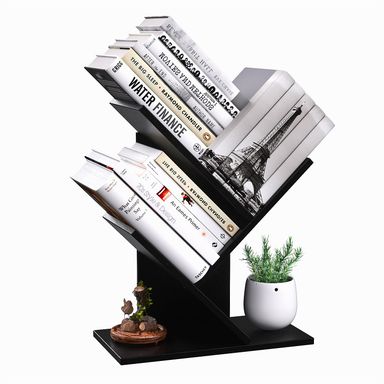 R RUISHENG 3 Tier Small Tree Bookshelf Storage Organizer Shelves Floor Standing Bookcase Desk Wood Storage Rack for Home Office Living Room Bedroom Display for Book Magazine CD Manga Black Black 3 Shelves