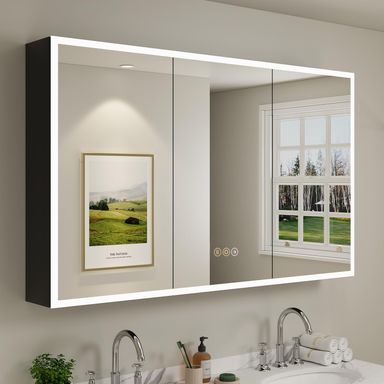 Buruis 60 x 32 Inch Medicine Cabinet with LED Lights and Mirror, Recessed/Wall Mounted Bathroom Cabinet, 3-Color Light, Defogger, Memory Function, Outlet & USB, Dimmer, Black 60'' x 32'' Triple Door