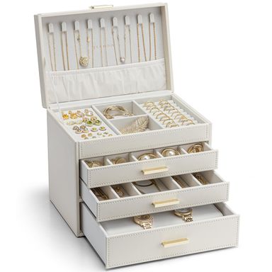 Vlando Grande boîte à bijoux moderne à 4 niveaux pour boucles d'oreilles, bagues, bijoux, avec tiroirs, miroir, coussin de montre, cadeau pour femme