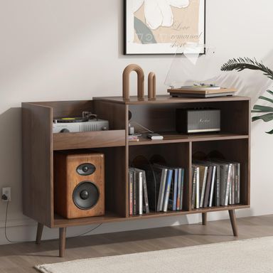 Record Player Stand, Vinyl Record Storage Cabinet with Power Outlet, Holds up to 350 Albums, Record Stand Table for Bedroom, Living Room, Office (Walnut)