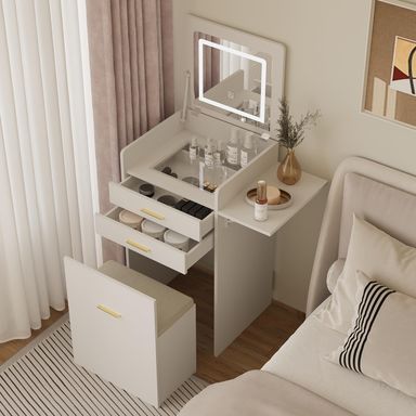 ARTETHYS Small Vanity Desk Set with Flip-top Mirror and Lights White Integrated 3 in 1 Makeup Vanities Set for Compact Space Mini Dressing Table with Fold-up Panel and Storage Chair for Bedroom
