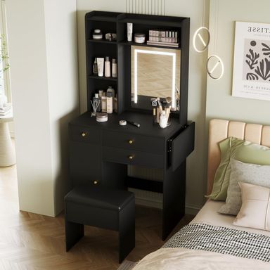 ARTETHYS Vanity Desk with Mirror and Lights Black Makeup Vanities Set with Storage Chair Dressing Table with Drawer and Fold-up Panel for Bedroom Modern Black Medium