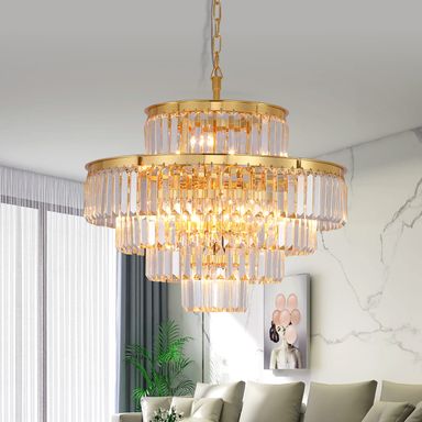 Gold Modern Style Crystal Chandeliers & LightsRound Hanging Classic, Pendant Ceiling Chandelier Lighting Fixture 5-Tier for Dining Room Living Room(Golden Orange,24 inch) Gold 24''
