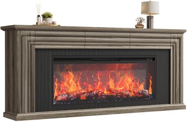 PRAISUN 70'' Fireplace TV Stand with 42'' Electric Fireplace, Farmhouse TV Stand for 65 75 Inch TV, Entertainment Center TV Console with 3 Drawers, Fluted Design, for Living Room, Gray Oak Grey Oak