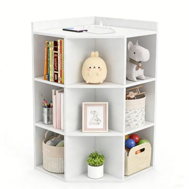 Costzon Kids Corner Cabinet with Charging Station, Wooden Cubby Bookcase with USB Ports and Outlets, 3-Tier Kids Bookshelf, 9-Cube Toy Storage Organizer for Playroom, Bedroom, Living Room (White)