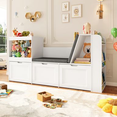 66.9" Kids Reading Nook, Toy Storage Organizer with Stuffed Animal Storage, Bench and Removable Cushions, Wooden Toddler Bookshelf with 3 Movable Drawers for Nursery, Playroom (White)