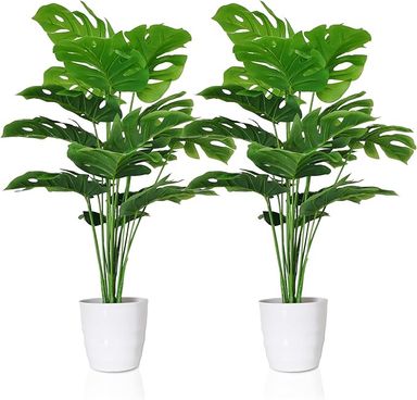 Amazon.com: SAJANDAS Set of 2 Artificial Monstera Deliciosa Plants in Pots, Fake Tropical Palm Tree with Greenery Leaves Stems, 28 Inch Artificial Cheese Plant for Home Bathroom, Office, Windowsill Decor : Home & Kitchen