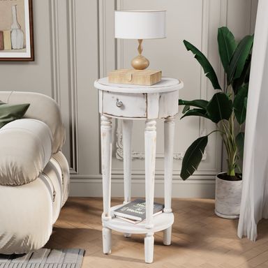 COSIEST Tall End Table with Drawer, Round Nightstand with Storage Shelf, Industrial Telephone End Table for Living Room, Bedroom, Hall Way, Space Saving White-distressed 1 pcs
