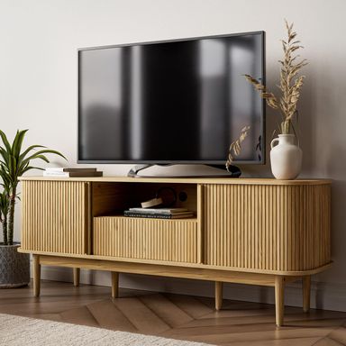 63" Tambour TV Stand, Fluted TV Stand for TVs up to 70'', Modern TV Stand with Storage, Entertainment Center with Sliding Doors, Wood TV Stand for Bedroom, Living Room, Natural