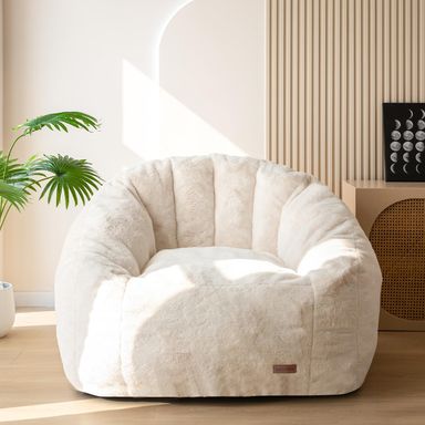 MAXYOYO Giant Bean Bag Chair, Oversized Bean Bag Couch for Adults and Kids, Faux Fur Shell-Shaped Large Chair with Filler, Stuffed Big Accent Sofa Lounge Floor Sofa for Gaming, Reading, Beige Standard Beige