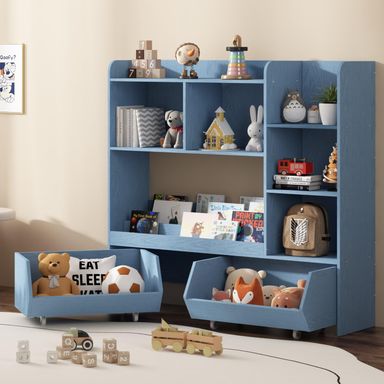 Bookshelf Toy Storage Organizer, Kids Bookshelf and Cabinet for Boys and Girls, Muti-Functional Kids Display Bookcase and Storage Bin with Moveable Drawers for Children Nursery Room Blue