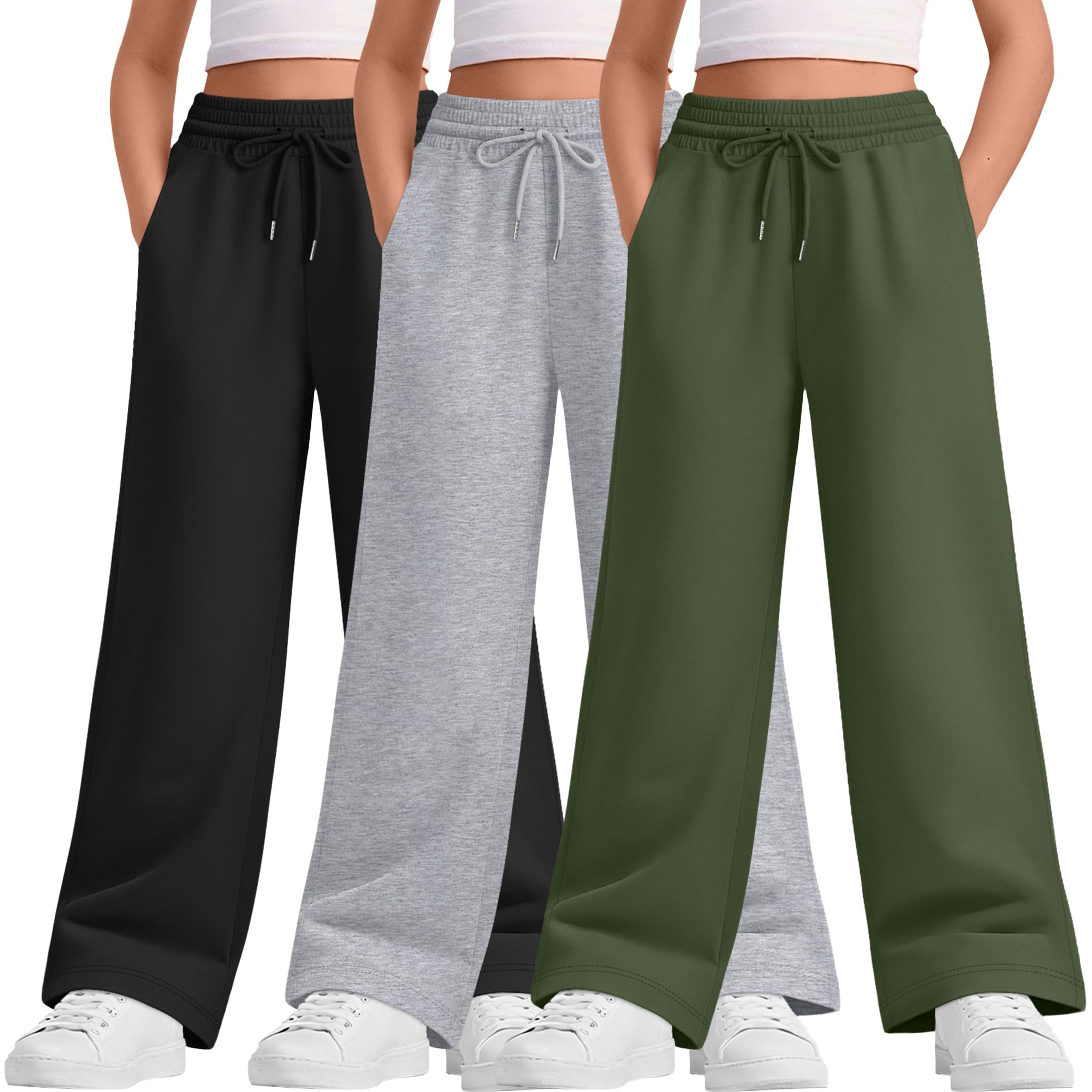 Girls 3-Pack Wide Leg Sweatpants with Pockets 11-12 Years