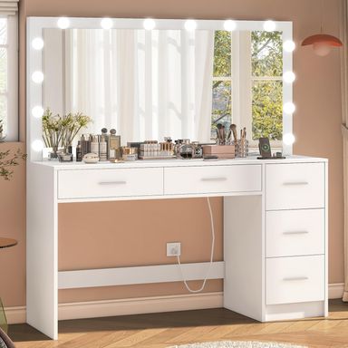 47.2" Large Vanity Desk with Mirror & 14 LED Lights, Makeup Vanity Table with 5 Drawers & Charging Station, Makeup Vanity Desk, 3 Lighting Colors, Dressing Vanity Table for Bedroom, White 47.2" White