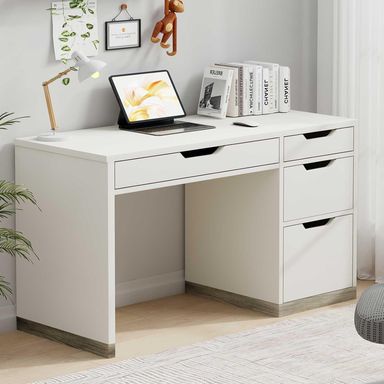 White Desk with Drawers, 48 Inch Small Computer Desk with 4 Storage Drawers for Small Space, Home Office Desk for Bedroom with Storage File Cabinet 48 Inch White