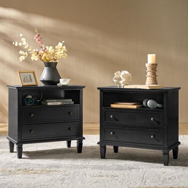 HULALA HOME Farmhouse Nightstand with Charging Station, Set of 2 End Table with USB Ports and Outlets, Fluted Pilasters Bedside Table with Open Space Dresser for Bedroom,Black 2 Black