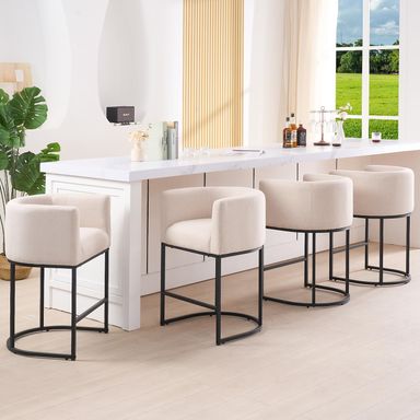 ClinQ 26" H Counter Height Bar Stools Set of 4, Modern Barrel Counter Stools with Backrest and Arms, Black Metal Frames,Fabric Upholstered Accent Barstools for Kitchen Island,Linen Color 4 Linen Color