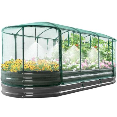 Quictent Galvanized Raised Garden Bed Kit with Self Watering System and Mesh Cover, Large Oval Metal Outdoor Planter Garden Boxes for Vegetables Herbs Flowers, 8x3x1Ft 8x3x1 FT Self Watering System and Mesh Cover