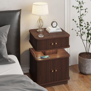 Night Stand, LED Nightstand, Modern Nightstand with Charging Station, Night Stand with 2 Drawers and Sliding Door, Curvy Edge, Small Bedside Table for Bedroom, Walnut