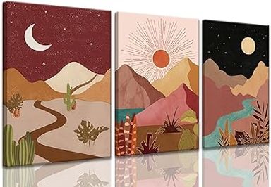 Amazon.com: okudolit Mountain Framed Canvas Wall Art Set of 3 Mid Century Nature Landscapes Painting Colorful Sun Moon Desert Boho Modern Minimalist Wall Decor for Living Room Bedroom Office-12x16in: Posters & Prints