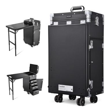 BYOOTIQUE Rolling Manicure Table Foldable Nail Table Makeup Train Case with Desk Cosmetic Trolley Travel Storage Organizer with 4 Drawers Mirror for Technician Workstation Salon, Black