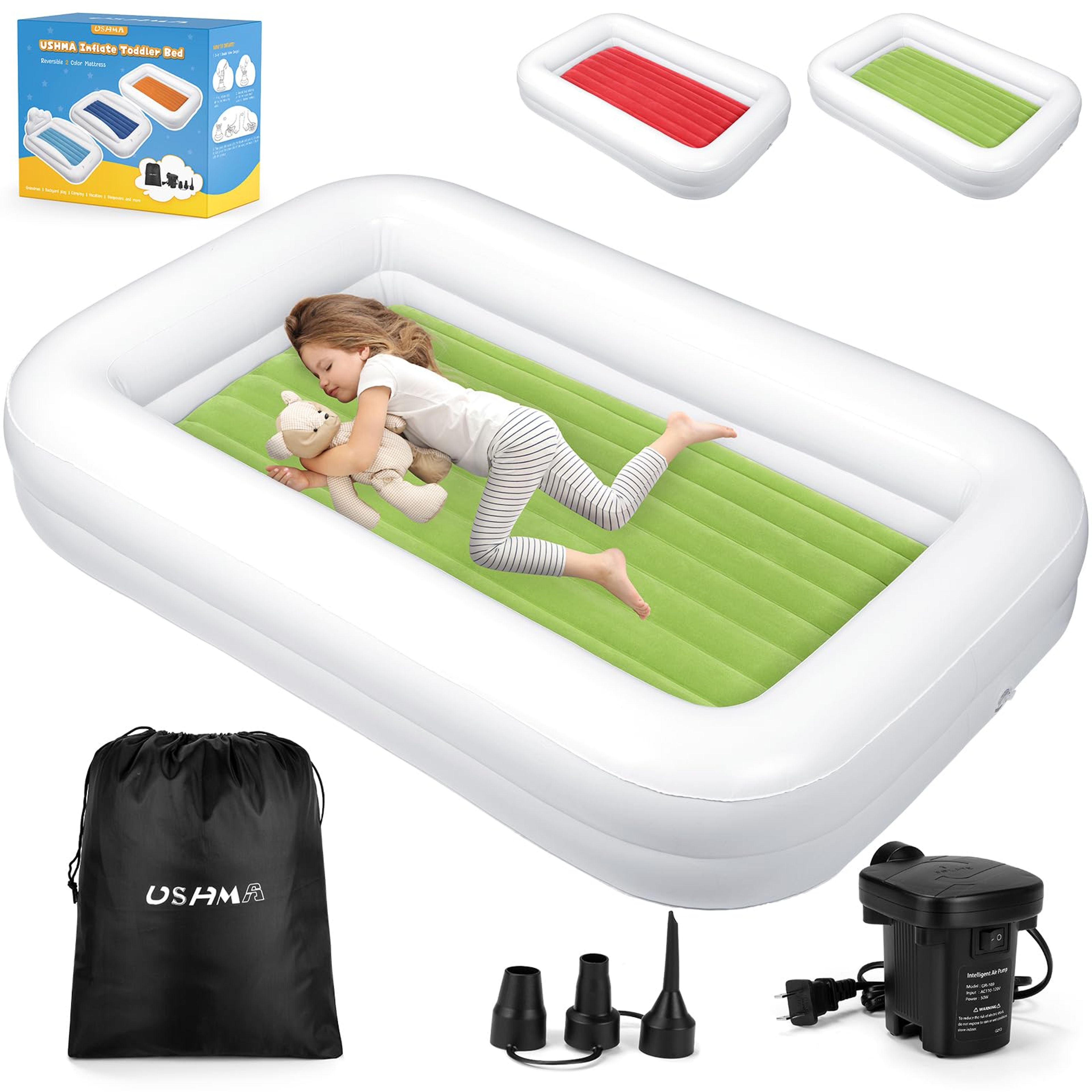 Portable Inflatable Toddler Travel Bed with 4-Side Rails - Reversible Colors