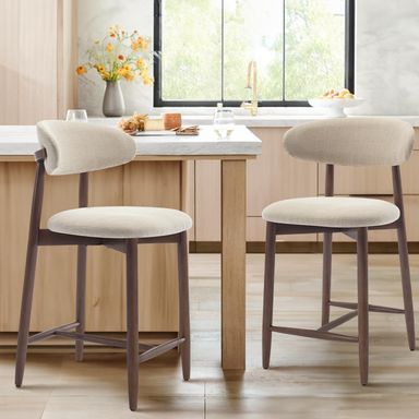 COLAMY Counter Height Bar Stools Set of 2, Kitchen Bar Stools with Back, Mid Century Modern Upholstered, with Wood Legs for Kitchen Island Dining Room, Beige Z-beige Set of 2 With Back