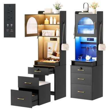 Make Up Vanity Desk with Mirror and Lights, 3 in 1 Tall Makeup Vanity Set with Flip-up Mirror, Jewelry Box, Charging Station, Girls Small Vanity and Storage Chair Black