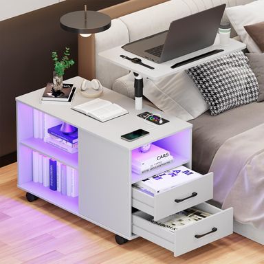 Gurexl 360° LED Nightstand with Wireless Charging Station, Movable Adjustable Bedside Table with Laptop Tray, Auto Sensor Night Stand with 24 Color Dimmable