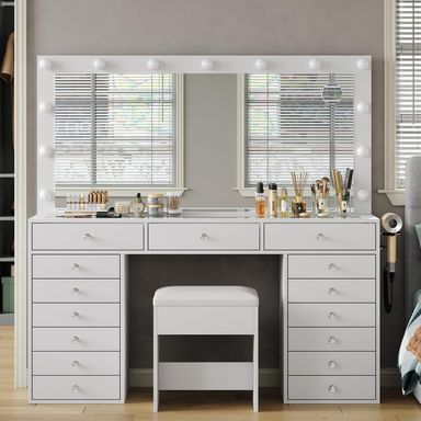 55" W Vanity Desk, Makeup Vanity with Charging Station, 15 Drawers with Lighted Mirror, 3 Lighting Modes, Brightness Adjustable, Glass Top, Vanity Table with Chair for Bedroom 15 Drawers White