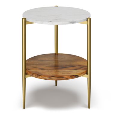 SIMPLIHOME Wagner SOLID ACACIA WOOD 18 inch Wide Round Mid Century Marble & Wood Side Table in White/Natural for the Living Room and Bedroom White/Natural 18 inch
