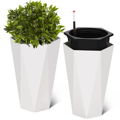22.5 Inch Tall Diamond Planters Set of 2, Self Watering Planters with Water Level Monitor and Wheels, Flower Pots Outdoor and Indoor for Patio, Porch, Living Room, Home Office, White White 22.5 Inch