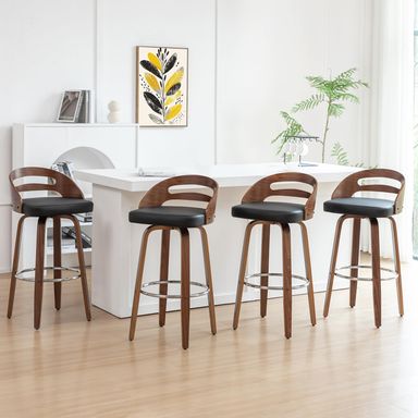 Counter Stools Set of 4, Counter Height Bar Stools with Walnut Crafts, Bentwood Curved Back, Upholstered Faux Leather, Soft Cushion Seat, Swivel Counter Chairs for Island/Pub (Black, 26" Seat Height) Walnut Black Set of 4/ 26 inch
