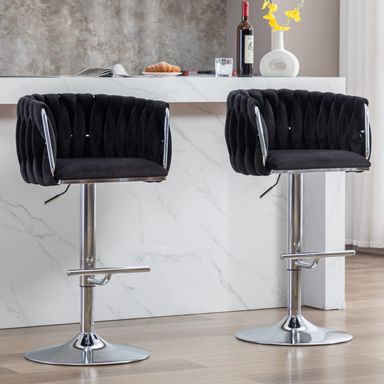Modern Bar Stools Set of 2, Velvet Adjustable Counter Height Barstools with Barrel Backrest, Comfy Upholstered Bar Chairs with Silvery Metal Base for Dining Room Kitchen Island, Black