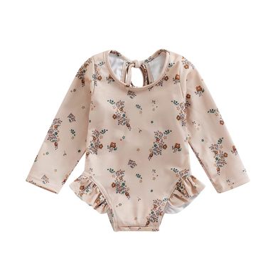 Infant Baby Girl Swimsuit One Piece Long Sleeve Zip Swimwear Bathing Suit Beach Wear Apricot 12-18 Months