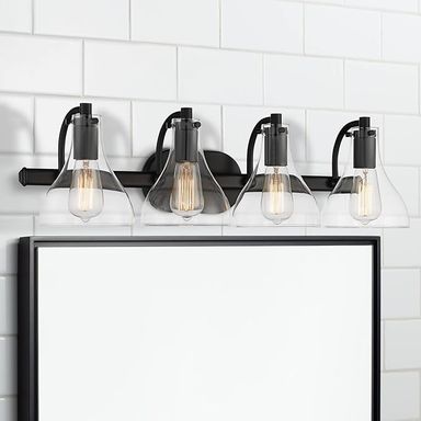 Possini Euro Design Sorren Modern Wall Mount Light Gorgeous Matte Black Steel Hardwired 28" 4-Light Fixture Curving Clear Glass Shade for Bathroom Vanity Mirror House Living Room Hallway Decor - Amazon.com