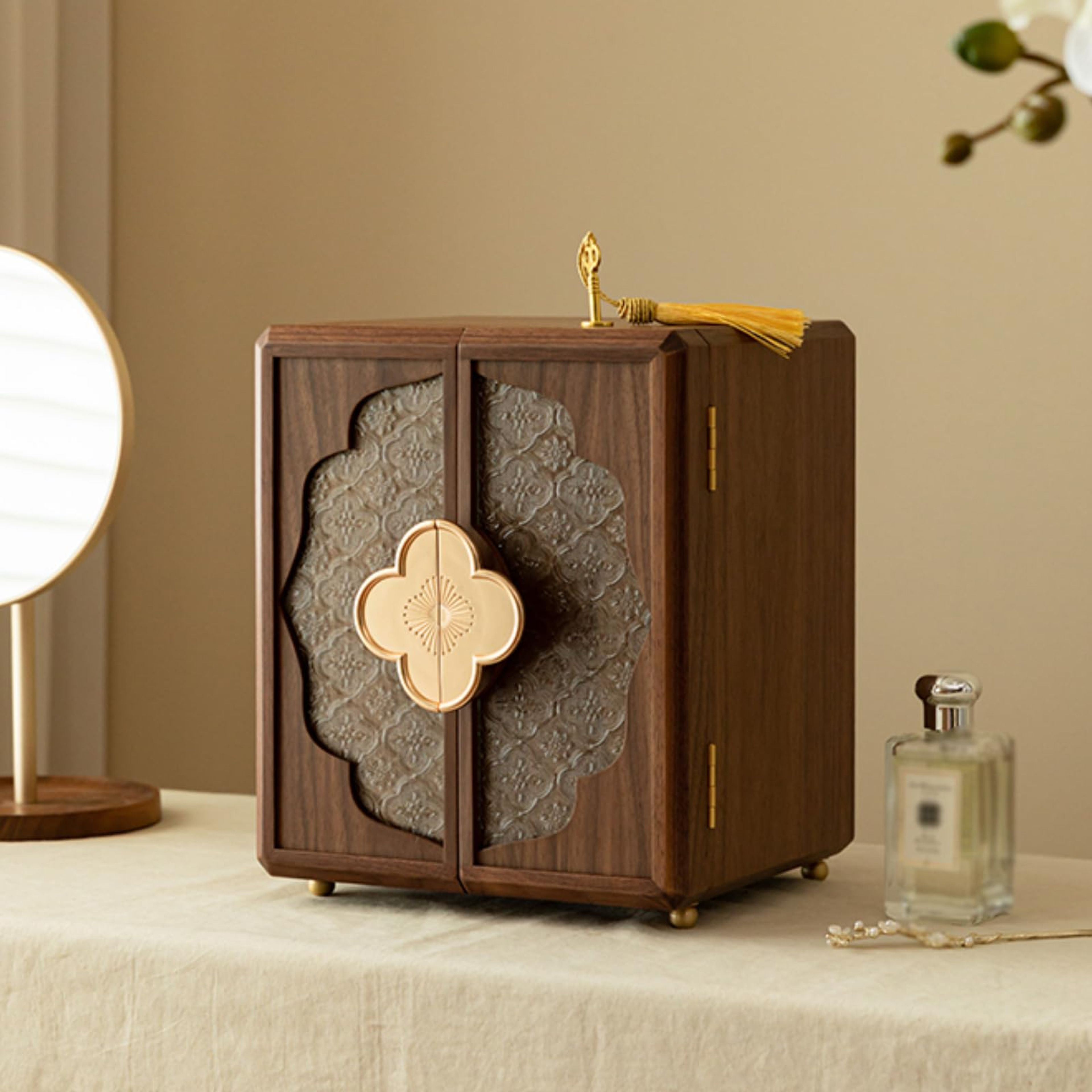 Kinsuite Black Walnut 5-Tier Jewelry Box with Lock | Secure Organizer