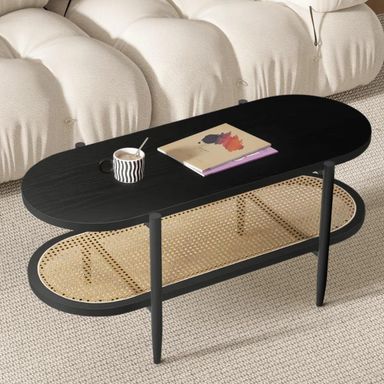 Oval Wood Coffee Table with Storage, Modern 2-Tier Wood Coffee Table with Open Rattan Storage, Rattan Center Table for Apartment, Living Room, Meeting Room,Cafe Black-1 Oval Coffee Table