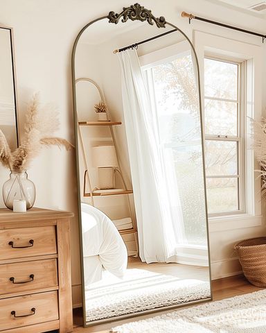 Arched Full Length Mirror, 77"x38" Full Body Mirror Freestanding with Carved Metal Frame, Large Floor Mirrors for HomeDecor, Standing Mirrors for Bedroom&Dressing Room, Bronze 77"L x 38"W Retro Carved Bronze