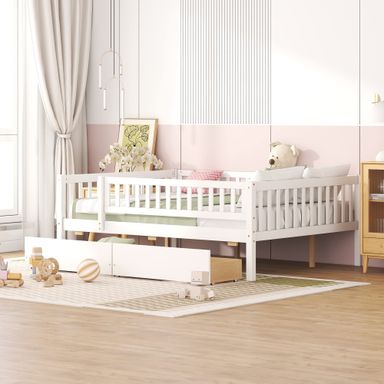 Full Size Bed Frame with Fence Railings and Storage Drawers, Wooden Montessori Style Kids Beds with Slats Support, Dual-use Daybed for Bedroom and Living Room, White