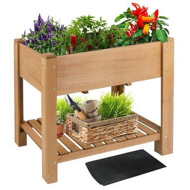 Raised Garden Bed with Legs - Elevated Wooden Planter Box, Durable Fir Wood, Reinforced Frame with Drainage Holes, Liner, and Storage Shelf for Vegetables, Herbs, Flowers, 33.5" x 18" x 30"