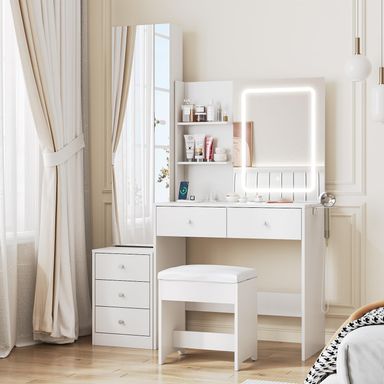 Maupvit Vanity Desk with Full Length Mirror and Lights, Makeup Vanity Table with 5 Storage Drawers, Dressing Table for Bedroom with Power Outlet, White Vanity Table Set