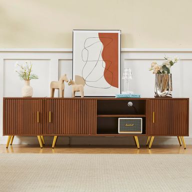 COSVALVE 71" TV Stand for 65/75/80 Inch TVs, Free Combination Walnut Entertainment Center for Living Room, Modern with Fluted Panel, Storage Cabinets, Adjustable Shelves & Metal Legs Walnut Tv Stand