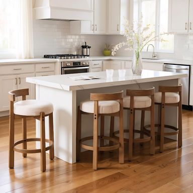 HEAH-YO Mid Century Modern Bar Stools Set of 4, 26.5" Counter Stools with Back, Linen Upholstered Barstools with Solid Wood Legs Bar Chairs for Kitchen Island Dining Room, Beige Linen Beige; Natural Set of 4
