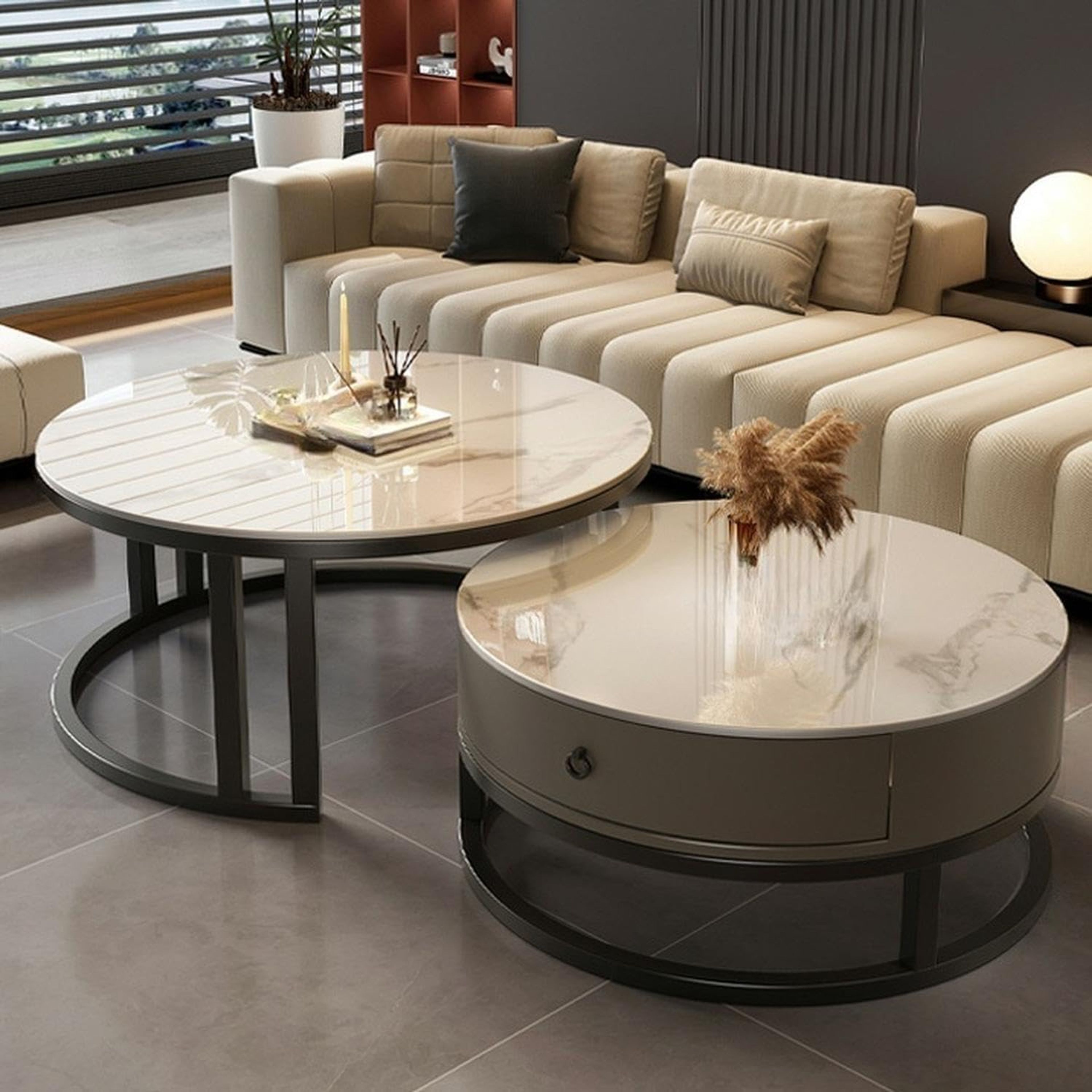 Round Nesting Coffee Table Set of 2 with Storage Drawer, Faux Marble Top