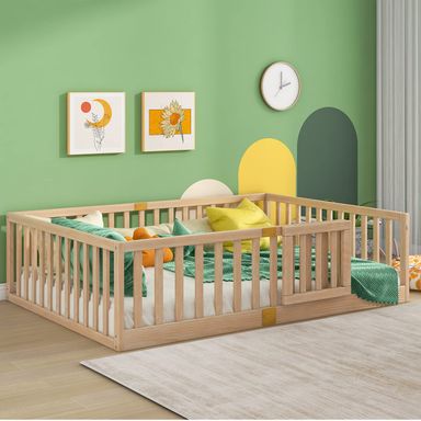 Tatub Full Montessori Floor Bed with High Rails, Solid Wood Montessori Bed Frame for Kids, Door Can Install Left and Right, Full-Nature Nature Full Floor Bed