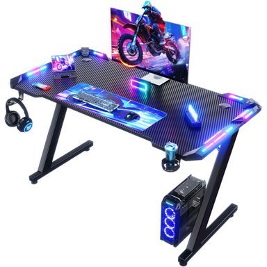 120 x 60cm Scrivania Gaming LED, Tavolo Gaming Ergonomica, Scrivania per Computer con Porta Bicchiere e Ganci per Cuffie, Postazione con Piano del Tavolo in Fibra di Carbonio, Nero